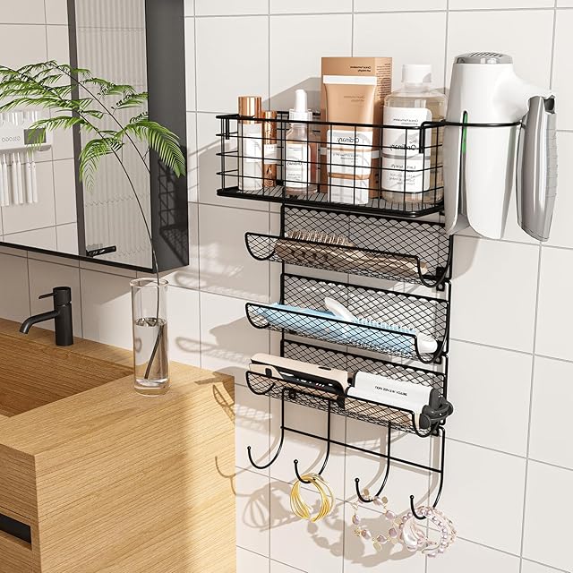 Wall-Mounted Hair Dryer Holder Styling Tool Organizer 4-Shelf Storage Wire Basket with Hook Heat Safe Rack for Hair-Straighteners,Curling Wands,Flat Iron,Perfume,Cabinet Door Bathroom Kitchen