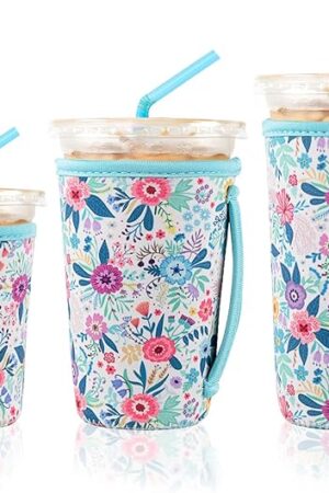 3 Pack Reusable Iced Coffee Sleeves for Iced Coffee Cups or Drinks Reusable Neoprene Insulated Sleeves for Hot and Cold Drinks from Starbucks, Dunkin, And More (White Flower Bush)