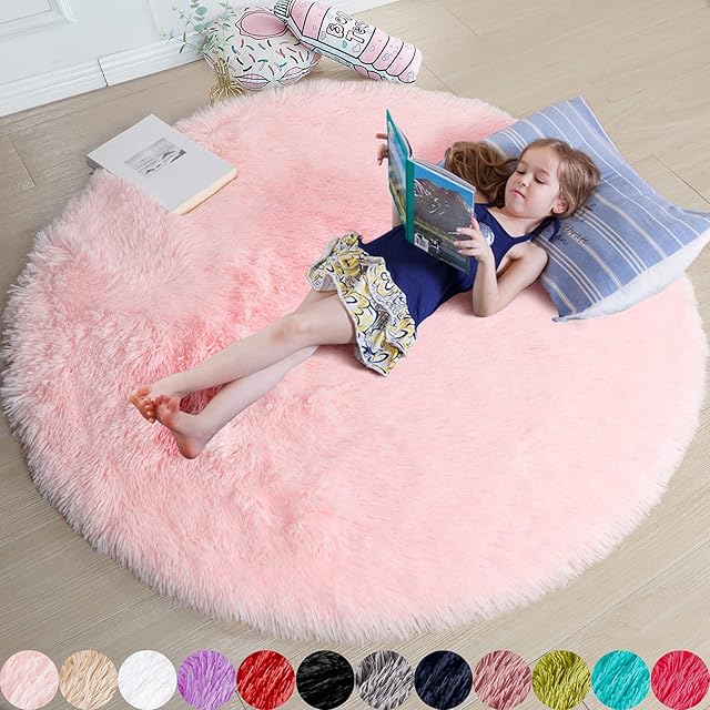 Amdrebio Light Pink Round Rug 4Ft for Girls Bedroom, Fluffy Circle Area Rugs for Kids Room Decor Aesthetic, Cute Shag Fuzzy Carpet for Nursery, Preppy Dorm, Classroom, Playroom, Teen, Baby, Washable