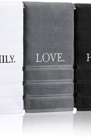 3 Pcs Farmhouse Decorative Hand Towels for Bathroom and Kitchen Rustic Embroidered 100% Cotton Hand Towels Decorative Set for Boho Bathroom Decor(Home Love Family)