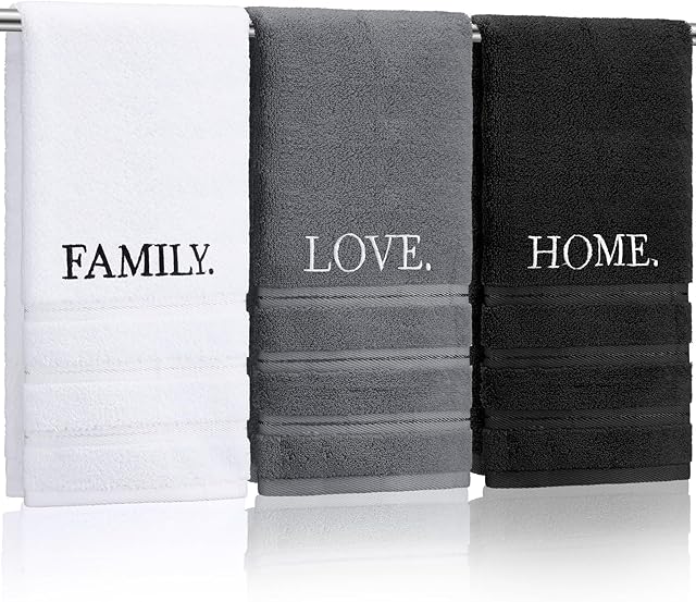 3 Pcs Farmhouse Decorative Hand Towels for Bathroom and Kitchen Rustic Embroidered 100% Cotton Hand Towels Decorative Set for Boho Bathroom Decor(Home Love Family)