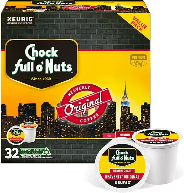Chock full o’Nuts Heavenly Original Keurig K-Cup Pods for Keurig Brewers – Premium Arabica, Medium Roast – Single Serve – 1 Pack of 32 K-Cup Pods