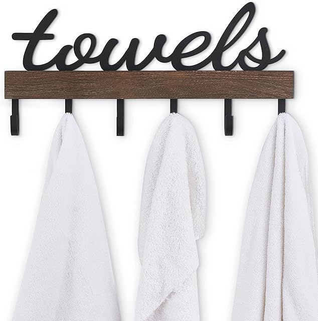 Dahey Towel Rack with 6 Hooks, Towel Holder Wall Mount Bathroom Organizer Rustic Farmhouse Home Decor Hanger Storage Hooks for Towel, Robe, Bag, Black