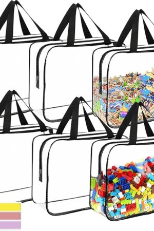 6 Packs Large Toy Storage Bags with Labels, Reusable Clear PVC Board Game Storage, Travel Waterproof Organizer Bags with Zipper for Building Blocks, Puzzle, Kids Books