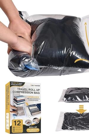 Compression Bags for Travel - Travel Essentials - 12 Pack Space Saver Bags - No Vacuum Needed - Compression Packing Bags for Cruise Accessories