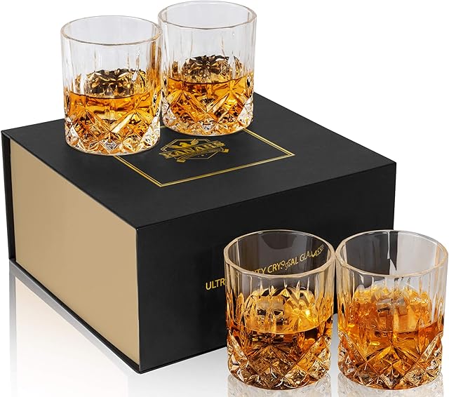 KANARS Old Fashioned Whiskey Glasses Set of 4 - 10 Oz Rocks Barware | with Luxury Box | Men Gift | For Scotch, Bourbon, Liquor and Cocktail Drinks