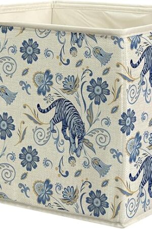 Vintage Boho Blue Floral Tiger Storage Bins, Tiger Gifts, French Country Toile de Jouy Flower Collapsible Storage Box Laundry Basket with Handle for Bedroom Bathroom Office Clothes Toys Books