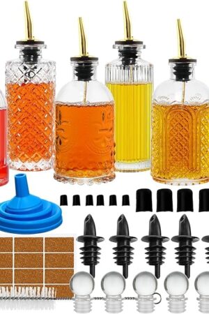 Coffee Syrup Dispenser Simple Small Glass Bottle 6 Pcs for Coffee Bar Accessories with Dust Lids Pour Spout, Stopper, Cleaning Brush. Vanilla, Caramel, Syrup, Honey, Olive Oil,Condiments Dispenser