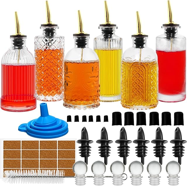Coffee Syrup Dispenser Simple Small Glass Bottle 6 Pcs for Coffee Bar Accessories with Dust Lids Pour Spout, Stopper, Cleaning Brush. Vanilla, Caramel, Syrup, Honey, Olive Oil,Condiments Dispenser