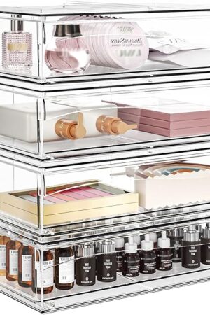 Delamu Acrylic Stackable Storage Drawers, Non-slip Bathroom Makeup Organizer Countertop, Clear Drawer Organizers for Vanity, Bathroom, Office, Undersink, Kitchen, Pantry, Cabinet, 4 Pack