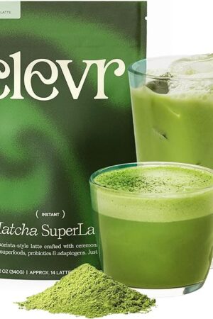 Clevr Blends Organic Matcha Green Tea Latte, Instant Ceremonial Grade, Superfood Powder Blend with Oat Milk, Lions Mane, Reishi Mushroom, Coconut Cream, Ashwagandha, Serve Hot or Iced, (14 Lattes)