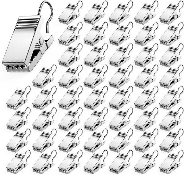 50 PCS Curtain Hooks Heavy Duty Clips, Stainless Steel Shower Curtain Clip with Hook for Vendor Display Supplies, Home Decoration, Hanging Photos, Art Craft Display (Silver)