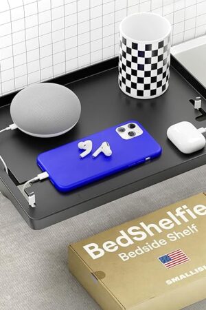 BedShelfie Bedside Shelf for Dorm Room Bunk Bed & Top Bunk, College Dorm Room Essentials, Bedside Caddy, Clip on Floating Desk Tray, Bed Side Table Storage, Loft Nightstand Decor - Cable Catch, Black