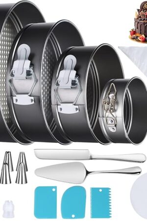 139PCS Springform Cake Pan Set - 4 Non-stick Cheesecake Pans(4/7/9/10-Inch) + Cake Decorating Supplies: Parchment Paper, Pastry Bags and Tips, Icing Scrapers, Cake Cutting Set & More!
