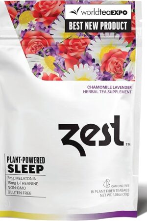 Zest Melatonin 2mg Herbal Sleep Tea - 15 Tea Bags - Chamomile Lavender Extra Strength Calming & Relaxing Bedtime Night Blend with L-Theanine