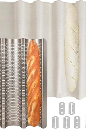 Baguette Bread Pan, Perforated French Bread Baking Pan, Nonstick 3 Loaf Bread Pans for Baking, with Baguette Kit – Includes Proofing Cloth & Dough Cutter, 15x11 Inch Gold