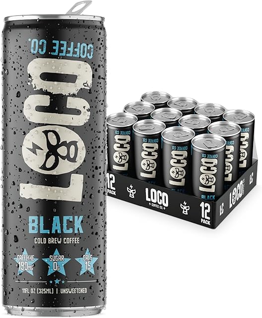 Loco Coffee Black Cold Brew 11 Ounce Can, 12 Count | Zero Sugar, 190mg Caffeine | Gluten Free and Dairy Free | Low Calorie Iced Coffee