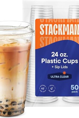24 oz Clear Plastic Cups with Strawless Sip-Lids [50 Sets] PET Crystal Clear Disposable 16oz Plastic Cups with Lids - Crystal Clear, Durable Cup - BPA Free + Crack Resistant, for Coffee, Juice, Shakes