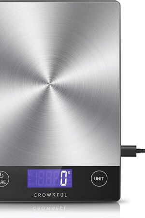 CROWNFUL Food Scale, Rechargeable 304 Stainless Steel Digital Kitchen Scale Upto 33lb Weight Grams and Ounces with LCD Display and Type-C Charging for Baking and Cooking