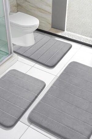 Yimobra Memory Foam Bath Mat Set 3 Pieces- Super Soft Absorbent Quick Dry Bathroom Rug Sets, Machine Washable Non Slip Floor Carpet for Tub Shower, Vanity & Toilet Base, Gray