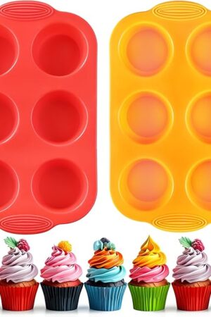 2PCS Silicone Muffin Cupcake Pan Molds, 6-Cavity Non Stick Silicone Muffin Pans for Baking Muffin, Cupcakes, Brownies and More, Food Grade and BPA Free (Orange and Red)