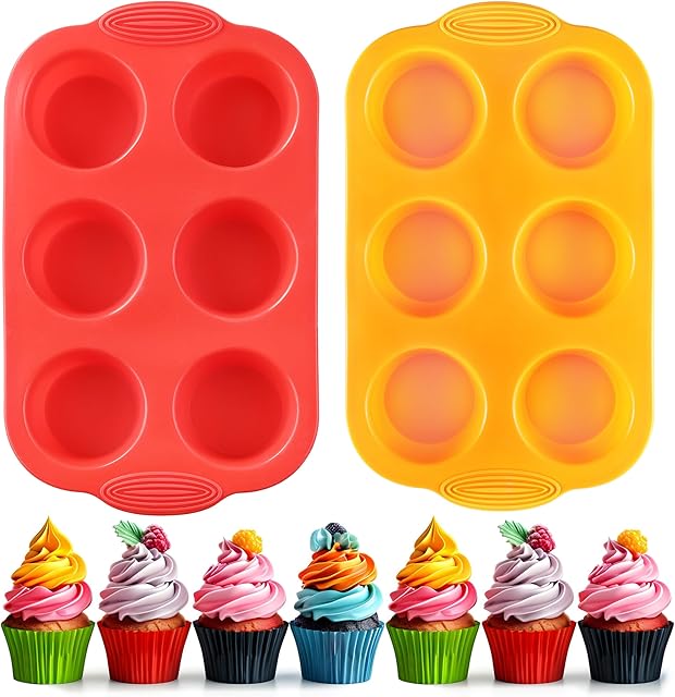 2PCS Silicone Muffin Cupcake Pan Molds, 6-Cavity Non Stick Silicone Muffin Pans for Baking Muffin, Cupcakes, Brownies and More, Food Grade and BPA Free (Orange and Red)