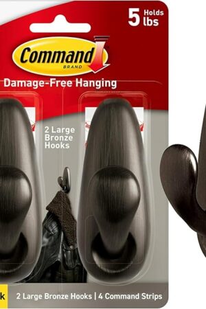 Command 5 lb Large Oil Rubbed Bronze Metal Hooks, 2 Coat Hooks and 4 Command Strips, Damage-Free Hanging with Adhesive, Forever Classic Great for Hanging Home and Room Decor