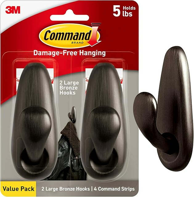 Command 5 lb Large Oil Rubbed Bronze Metal Hooks, 2 Coat Hooks and 4 Command Strips, Damage-Free Hanging with Adhesive, Forever Classic Great for Hanging Home and Room Decor