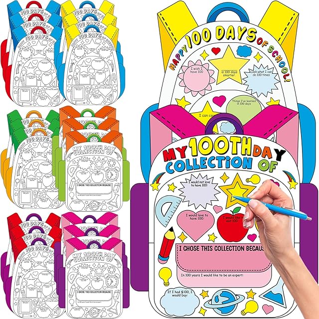 The Qyeahkj 48Pcs Happy 100th Day of School Posters for Kids DIY Poster 100th Day of School Activities 100 Days Educational Chart DIY Color Poster for Kindergarten Party Supplies