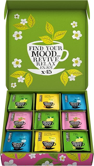 Clipper Tea Organic Herbal & Green Tea Set Gift Box with 5 Flavors | Including Lemon, Ginger, and Bedtime Teas | 45 Unbleached Tea Bags | Tea Selection & Sampler | Assorted Tea Bags in Colorful Tea Box
