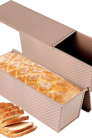 2-pack 2.2lb Gold Pullman Loaf Pan with Lid, Premium Non-Stick Coating Bread Pan, PFTE and PFOA-Free, Safe and Healthy Baking for Homemade Bread with Family-sized Recipes