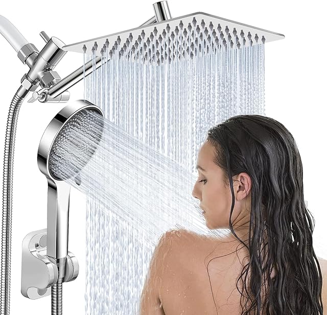 Shower Head,8?Rain Shower Head with Handheld Spray Combo with 11'' Angle Adjustable Extension Arm/Flow Regulator/Shower System,High Pressure Rainfall Shower Head Bathroom,Chrome