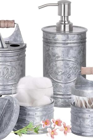 Autumn Alley Rustic Bathroom Accessories Set 4 - Galvanized Soap Dispenser, Rustic Toothbrush Holder, 2 Apothecary Jars Qtip Holder - Rustic Bathroom Decor – Farmhouse Bathroom Accessories