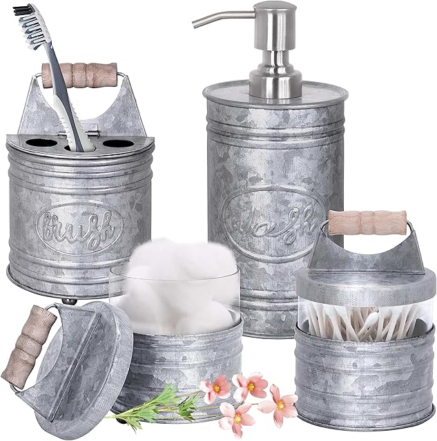 Autumn Alley Rustic Bathroom Accessories Set 4 - Galvanized Soap Dispenser, Rustic Toothbrush Holder, 2 Apothecary Jars Qtip Holder - Rustic Bathroom Decor – Farmhouse Bathroom Accessories