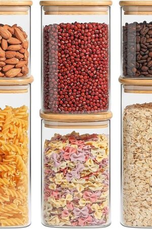 ComSaf Airtight Glass Storage Canister with Lids (0.7Qt/1.2Qt/1.6Qt) Set of 6, Food Storage Container Kitchen Pantry Storage Jar, Glass Jars for Flour Cereal Sugar Tea Coffee Beans Snacks, Square