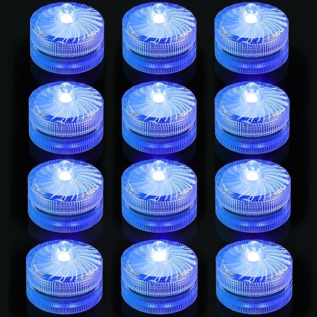 Blue Submersible Led Lights, Waterproof Tea Lights Mini Led Light 100H Battery Operated for Vases Pool Fountain Shower Home Wedding Party Decorations (12 Pack)