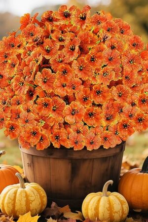 24 Bundles Artificial Fall Flowers for Outdoors, Realistic Fake Silk Flowers for Outside Decoration, Autumn Faux Plants Outdoor Planter Window Box Porch Patio Decor(Orange)
