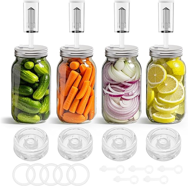 Fermentation Kit for Wide Mouth Mason fermentation Jar,pickling/sauerkraut kit with 4 Glass Fermentation Weights,4 Fermenting Lids,4 airlocks,5 Silicone Rings,5 Silicone Grommet ( Jars Not Included )