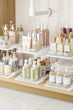 3 Pack Bathroom Organizers and Storage - Multi-Purpose,2-Tier Clear Pull Out Organization for Bathroom,Under Sink,Kitchen,Vanity,Countertop,Cabinet,Pantry & Medicine Cabinet,White