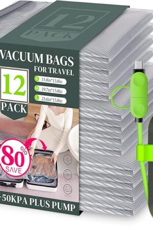Vacuum Bags for Travel with USB Pump, 12 Pack Carry-on Size Compression Packing for Luggage and Suitcase, Space Saver Bags for Clothes and Clothing Travel