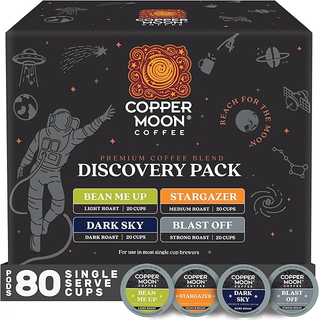 Copper Moon Single Serve Coffee Pods for Keurig K-Cup Brewers, Light, Medium & Dark Roast, Discovery Variety Pack, 80 Count