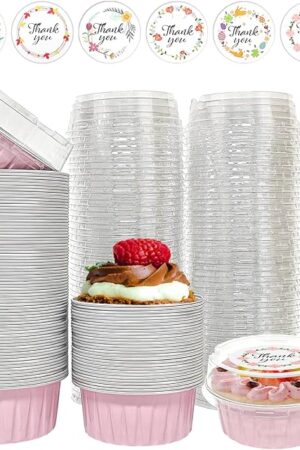 100 PCS Aluminium Foil Baking Cups, Mini Cake Pans with Lids and 100 PCS Spoons, 5 oz Disposable Baking Cups Foil Ramekins For Party Birthday Wedding Valentines (Pink)