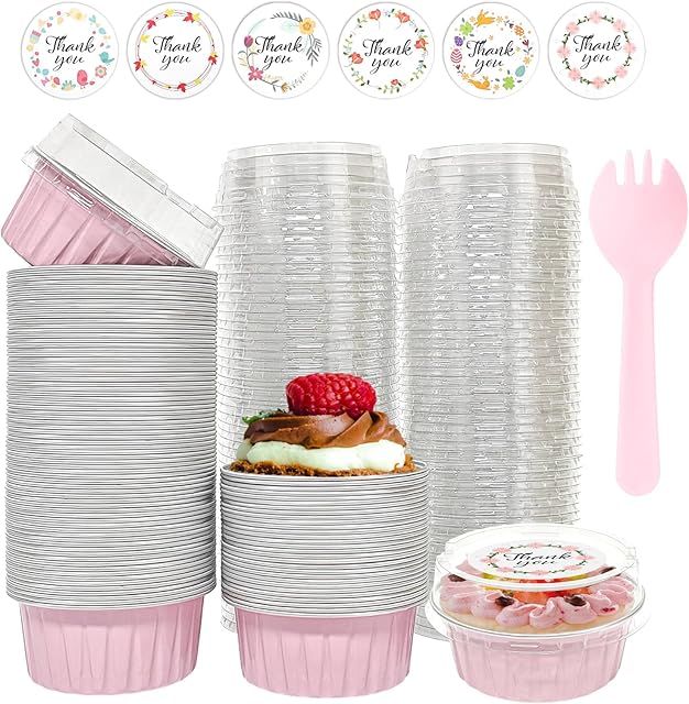 100 PCS Aluminium Foil Baking Cups, Mini Cake Pans with Lids and 100 PCS Spoons, 5 oz Disposable Baking Cups Foil Ramekins For Party Birthday Wedding Valentines (Pink)