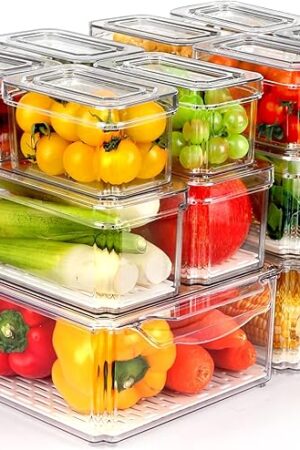14 Pack Fridge Organizer, Stackable Refrigerator Organizer Bins with Lids, BPA-Free Fridge Organizers and Storage Containers for Fruit, Vegetable, Food, Drinks, Cereals, Clear