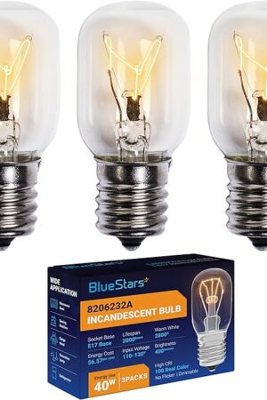 BlueStars 8206232A Microwave Oven Light Bulb 40W 125V E17 Base, Compatible with Whirlpool Under Hood Microwave Bulb, Lava Lamp, Salt Lamp Bulbs, Replaces 1890433 8206232 AP4512653, 3 Packs