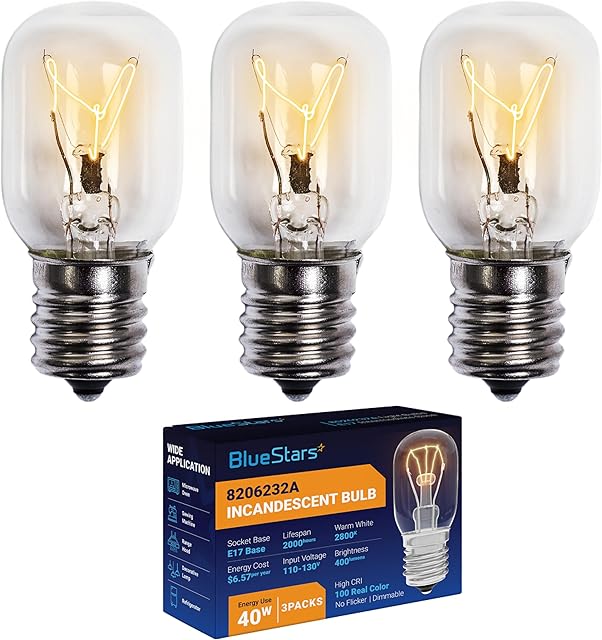 BlueStars 8206232A Microwave Oven Light Bulb 40W 125V E17 Base, Compatible with Whirlpool Under Hood Microwave Bulb, Lava Lamp, Salt Lamp Bulbs, Replaces 1890433 8206232 AP4512653, 3 Packs
