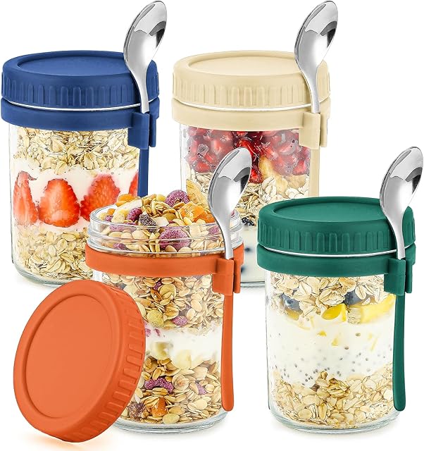 DRKIO 4 Pack Glass Overnight Oats Containers with Lids and Spoons 16 Oz Mason Jars for Overnight Oats Jars Leak Proof Oatmeal Container Meal Prep Jar for Cereal Fruit Vegetable Milk Salad Yogurt