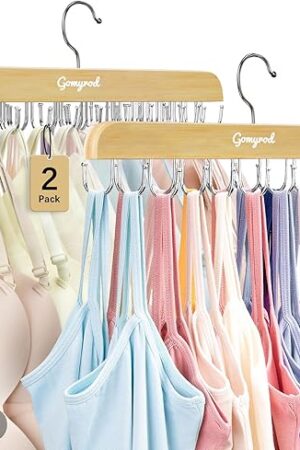 Bra Hanger for Closet, Tank Top Hangers 2 Pack w/20 Hooks Holds 40 Bras, Capacity Foldable Wood Space Saving Hanger, 360°Rotating Closet Organizers and Storage for Dorm & Apartment