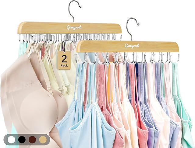 Bra Hanger for Closet, Tank Top Hangers 2 Pack w/20 Hooks Holds 40 Bras, Capacity Foldable Wood Space Saving Hanger, 360°Rotating Closet Organizers and Storage for Dorm & Apartment