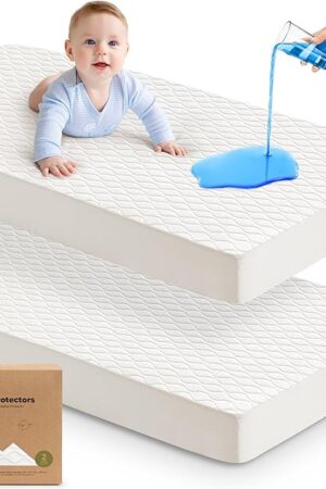 Waterproof Crib Mattress Protector Cover Fitted - 2-Pack Quiet Baby Mattress Topper Crib Sheets, 52" x 28" Soft Quilted Cotton Baby Sheet, Easy Fit, Durable Toddler Liner (Soft White/Mavy)